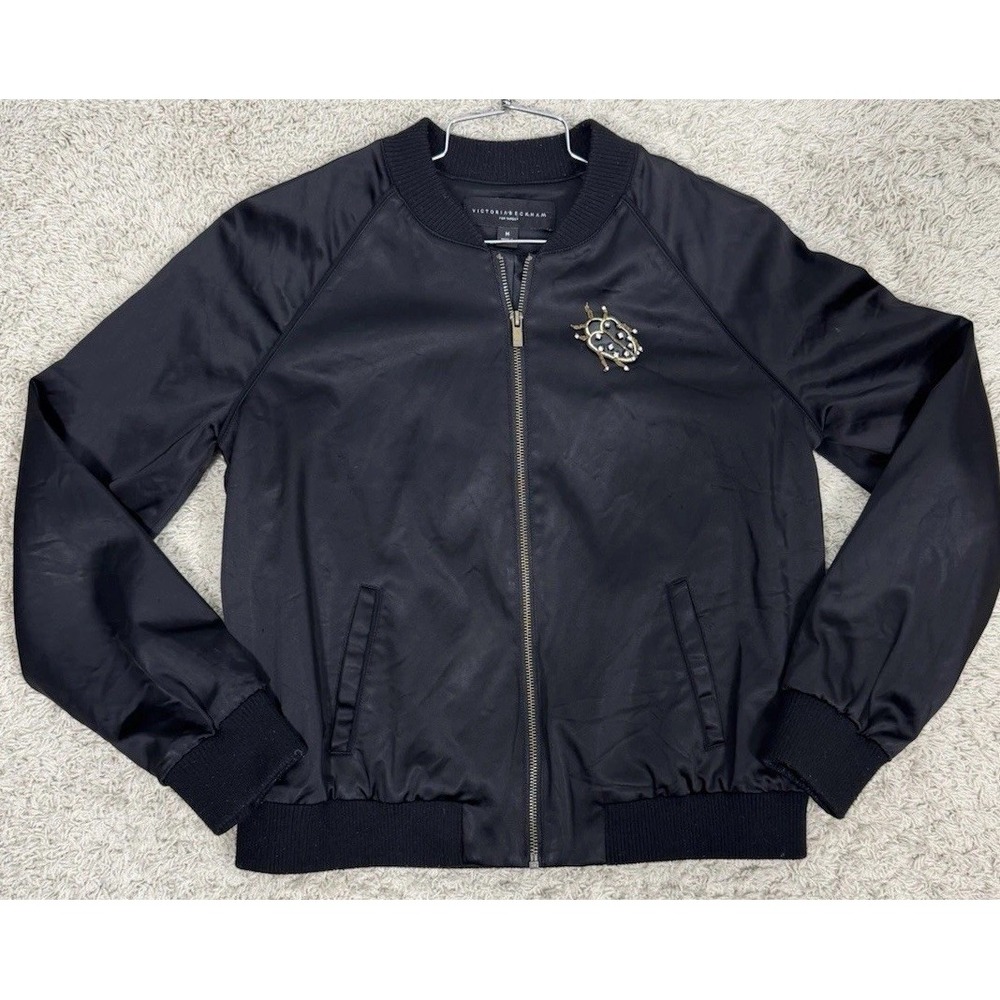 Victoria Beckham for Target Black Satin Beaded Bug Bomber Jacket Women's M Goth